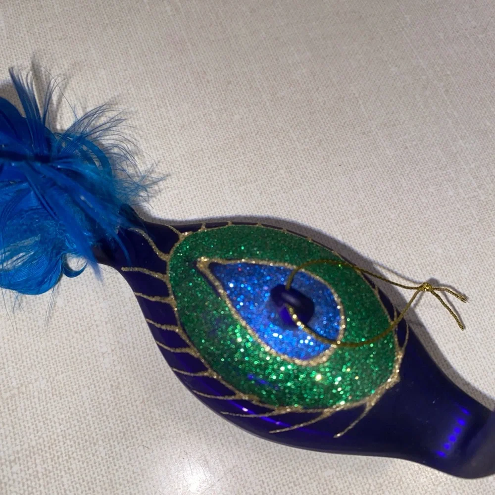 Vintage Peacock Glass Christmas Ornament With‎ Feathers